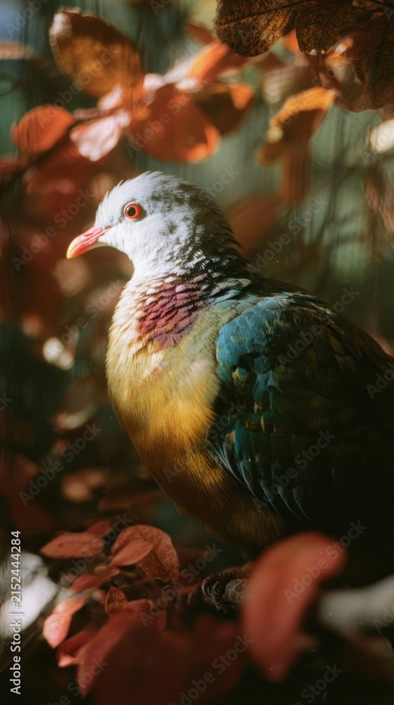 Obraz premium Vibrant bird amid autumn leaves, perfect for a nature-themed mobile wallpaper.