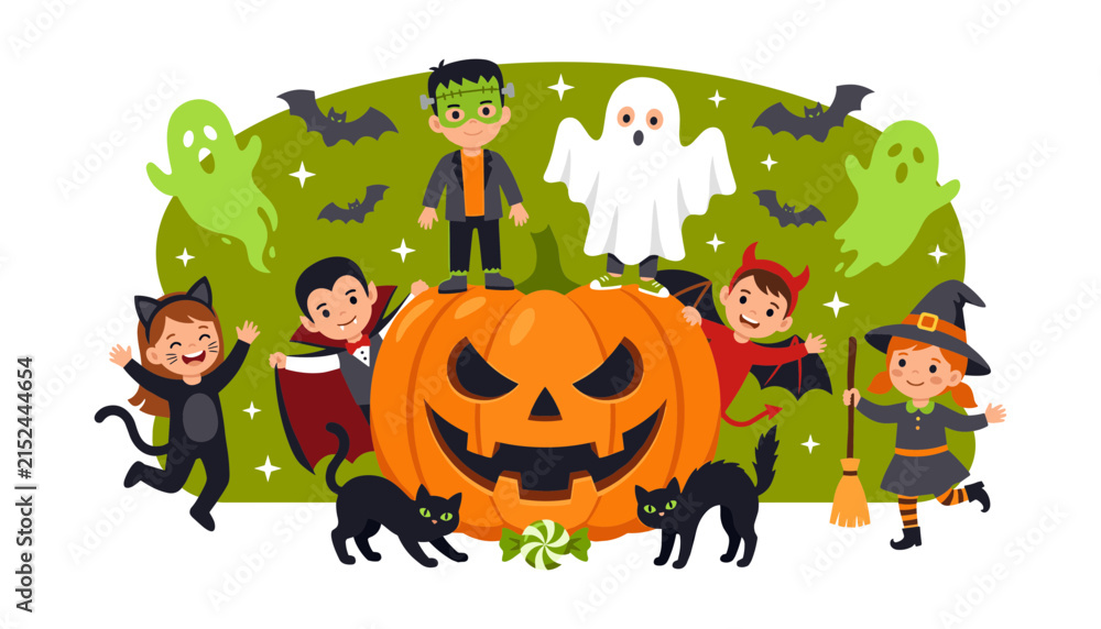 Fototapeta premium Cute Halloween cartoon characters with giant jack o lantern pumpkin ghost vampire and frankenstein vector illustration