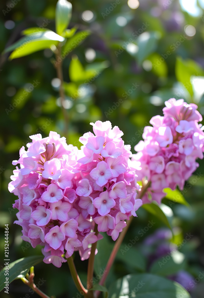 Fototapeta premium Pink hydrangea flowers blooming in a garden with green foliage and natural sunlight, spring and summer season
