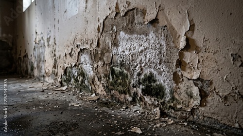 Basement wall showing the combined effects of rising damp including efflorescence, peeling paint, and mold growth low on the wall.