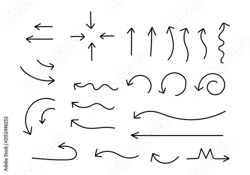 Hand-drawn black arrow set with dashed lines, spiral loops, thick curved, and zigzag directional pointers. Great for presentations, infographics, branding, and marketing design vector projects.