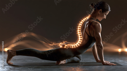 Woman practicing yoga with illuminated spinal column and nervous system