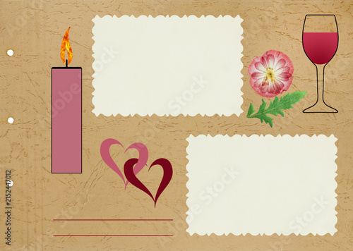 Page for stories. Photo album layout with empty photo frames. Scrapbook composition with floral elements. Wine glass, wine, candle. Page from an old photo album. Poppy flower.