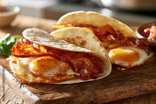 Morning breakfast tacos with glossy bacon and sunny-side eggs in soft tortillas