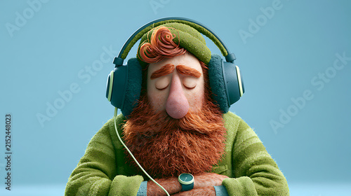 Red bearded man with headphones enjoys music in a 3d rendering