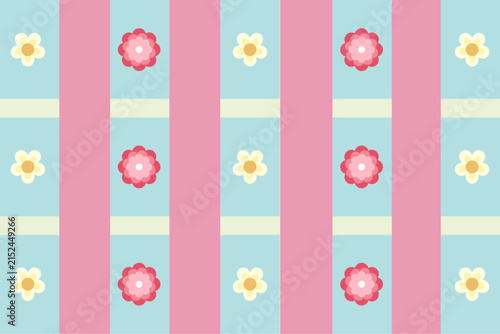 Seamless pattern with pink flowers and blue stripes for nursery or textile design