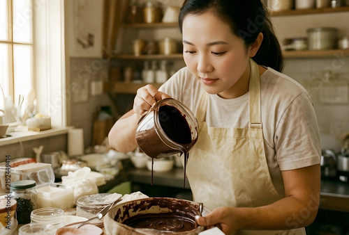 Young asian woman pouring m...