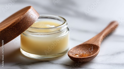 Natural balm in a glass jar with a wooden spoon nearby