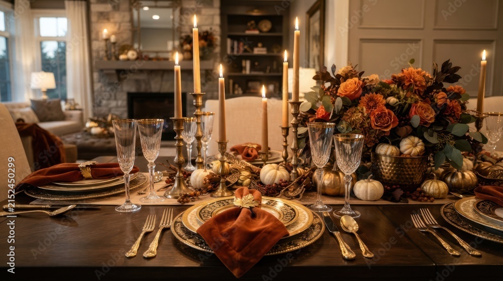 Obraz premium Elegant Thanksgiving table setting with pumpkins, candles, and floral centerpiece
