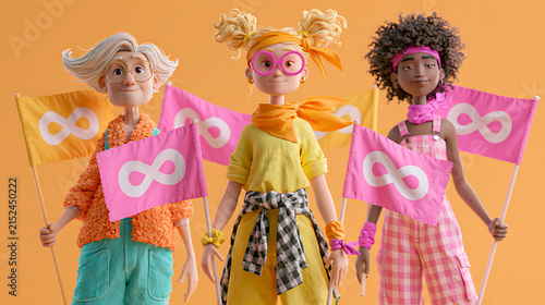 Three women holding pink flags with infinity symbols 3d render