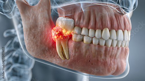 Impacted wisdom tooth illustration shows inflammation and dental anatomy