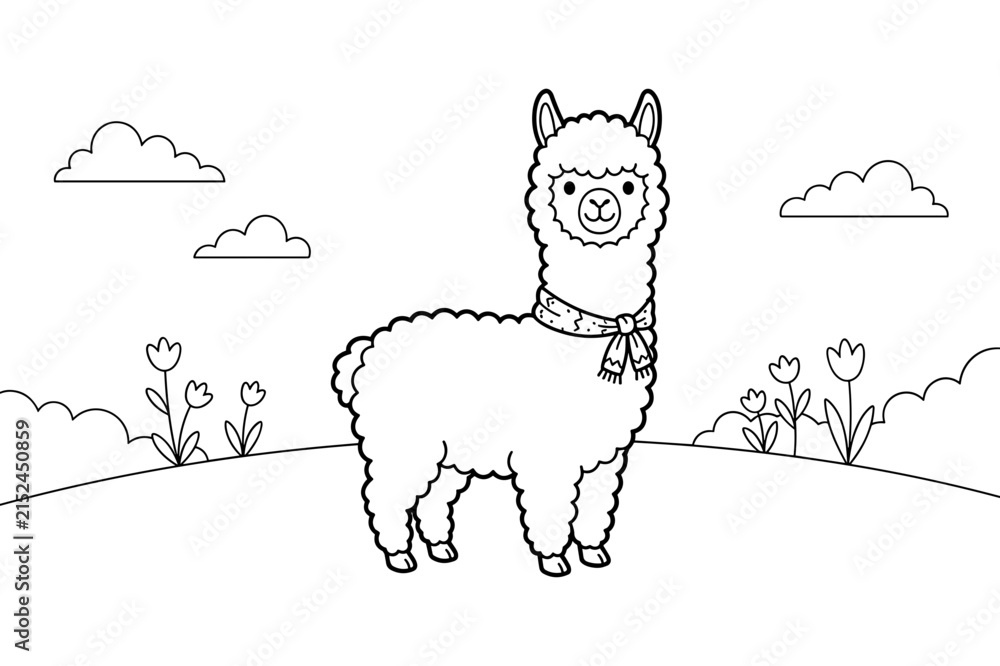 Naklejka premium Cute cartoon llama line art with a scarf in a field, surrounded by flowers and clouds, coloring book page