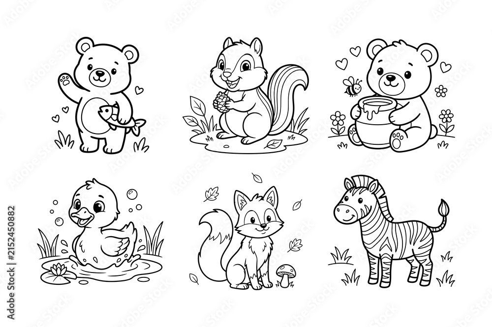 Obraz premium Baby animals coloring set including bear squirrel duck fox and zebra for preschool activity