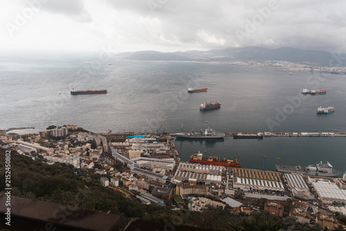 Panoramic high angle view of the Bay of Gibraltar, harbor, and cityscape from the Rock of Gibraltar