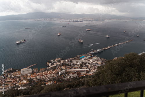 Panoramic high angle view of the Bay of Gibraltar, harbor, and cityscape from the Rock of Gibraltar