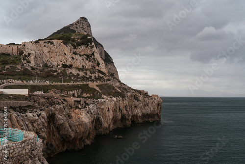Panoramic high angle view of the Bay of Gibraltar, harbor, and cityscape from the Rock of Gibraltar