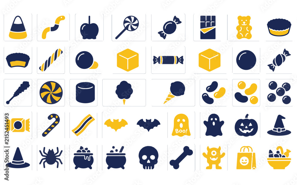 Fototapeta premium A comprehensive halloween candy and spooky themed icon set collection featuring various sweet treats and festive holiday symbols