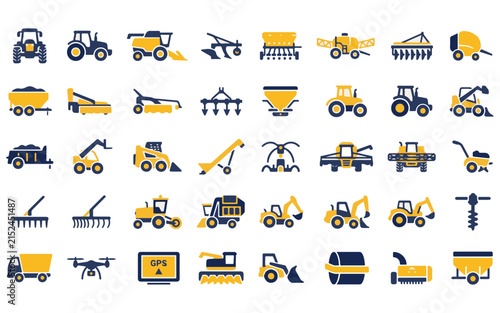 Bild auf Leinwand A comprehensive agricultural machinery icon set collection featuring various far