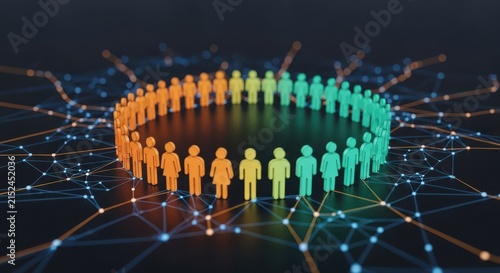 Circular arrangement of colorful human figures connected by a network of glowing digital lines