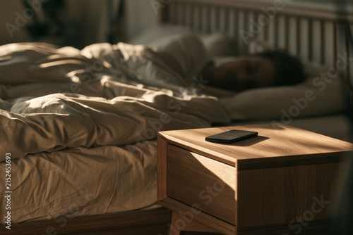 Intimate bedroom scene: close-up of a handheld device on a nightstand with a resting person in dawn light