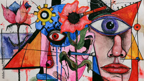 abstract, watercolor, surreal, Recalibration still the heart leans out- now it learns which doors to knock love, not martyrdom