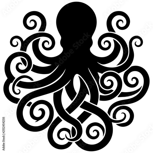Silhouette of an Octopus with Curled Tentacles in Black and White Illustration