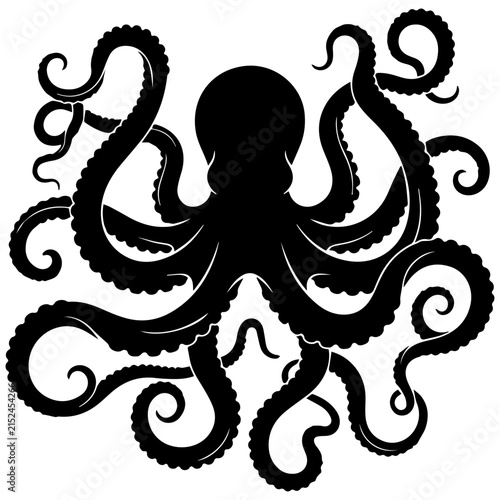 Silhouette of an Octopus in Black and White Vector Illustration