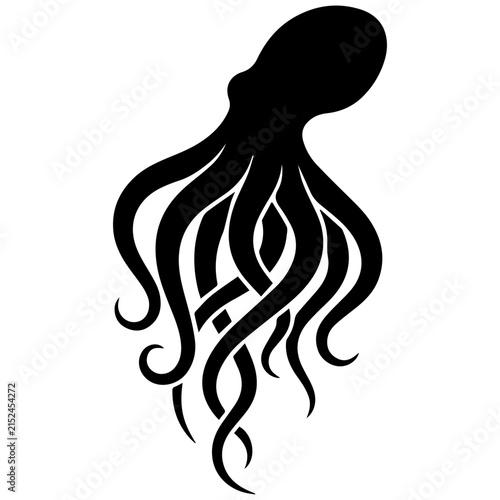 Silhouette of an Octopus Swimming Upward in Black and White