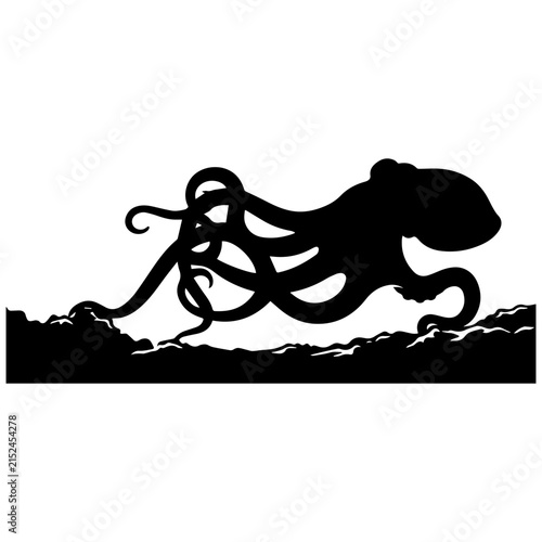 Octopus Crawling on Ocean Floor in Black and White
