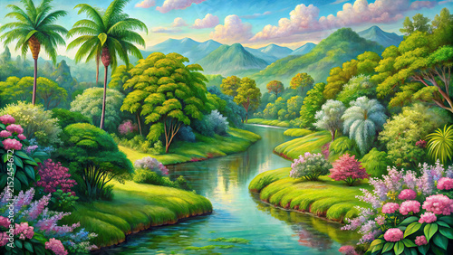 Tropical landscape with lush greenery and river scene
