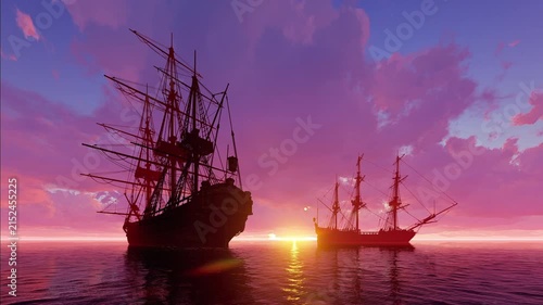 Sunset and old sailing ships.