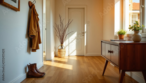 Welcoming home entryway featuring fashionable boots and a coat illuminated by gentle afternoon sunlight