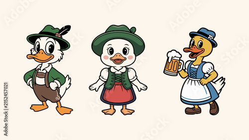 Three cartoon ducks dressed in traditional bavarian clothing including hats and dirndls, isolated on a light cream background