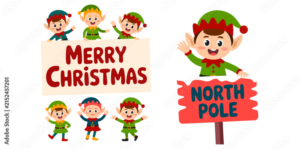 Fototapeta premium Cute Christmas cartoon little elf characters collection set holding a Merry Christmas sign board and a North Pole banner.