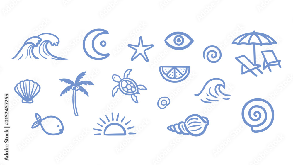 Fototapeta premium Set of hand-drawn summer and beach in periwinkle blue, featuring sea creatures, tropical plants, and vacation symbols on a transparent background