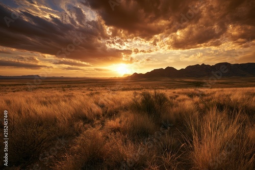 Wide panorama of grass fields and arid plains beneath a fiery Texas sunset sky