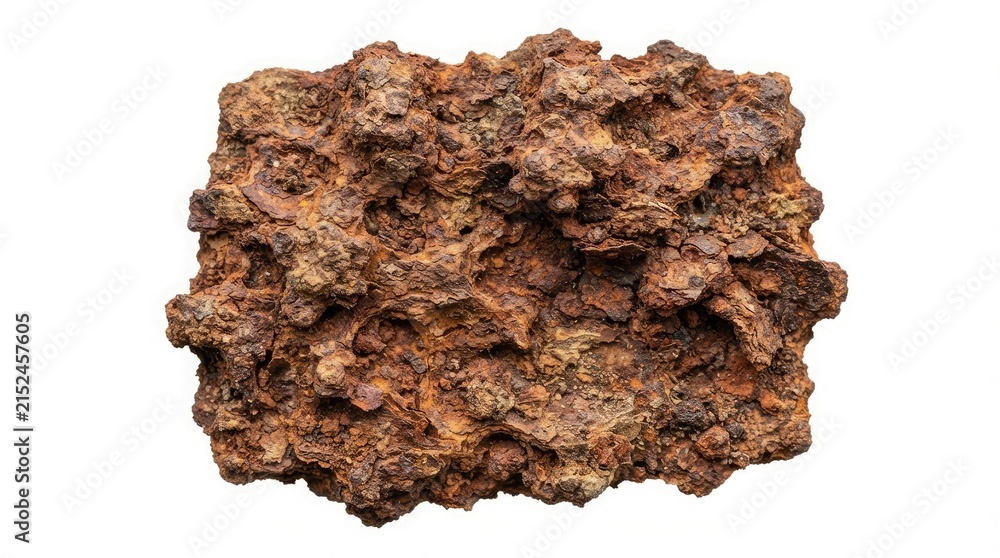 Fototapeta premium Closeup of a rough, oxidized iron ore rock texture isolated on white background
