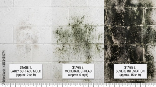 Basement wall showing three stages of mold severity from minor to severe