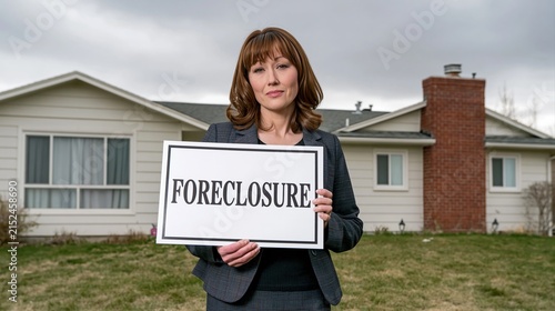Female reporter holding foreclosure sign in front of suburban home