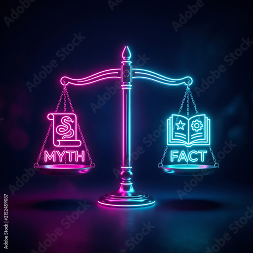 1. Neon Myth vs Fact Balance Scale, Truth and Misinformation Concept with Digital Icons