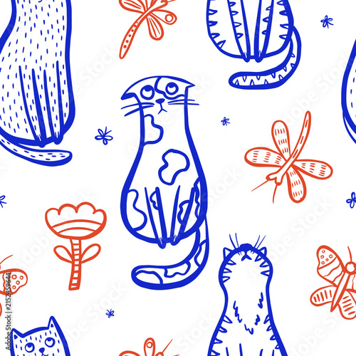 Cute doodle cats and dragonflies seamless pattern in naive linocut style. Playful hand drawn kittens, butterflies and flowers in cobalt blue and orange outline.