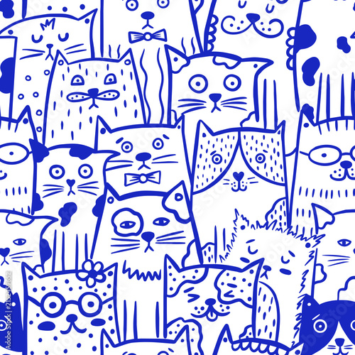 Whimsical seamless pattern featuring a crowd of funny, diverse hand-drawn doodle cats. Blue line art on cream background.
