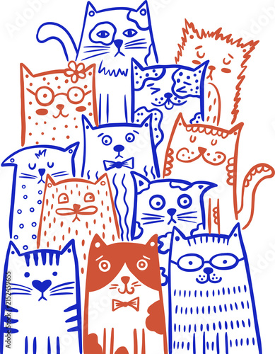 Whimsical vertical illustration featuring a crowd of funny, diverse hand-drawn doodle cats in blue and orange outline style.