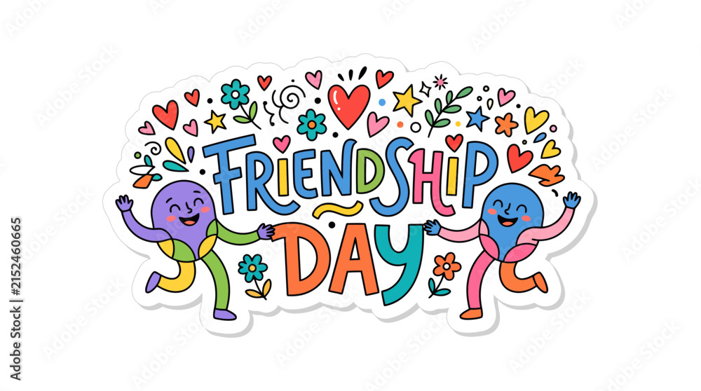 Naklejka premium Friendship day vector illustration featuring joyful cartoon characters dancing together with vibrant colorful flowers and decorative hearts set against a clean white background to celebrate meaningful