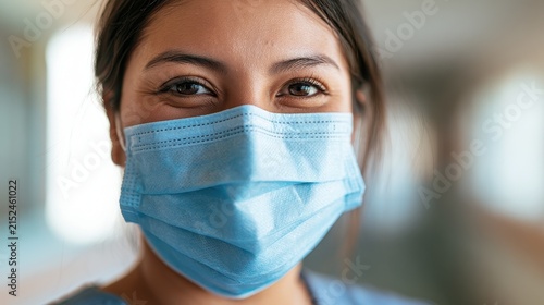 Warm headshot of a Hispanic woman with a protective mask in a modern hospital scene