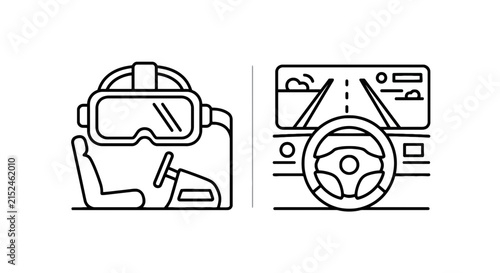 Virtual reality simulation and autonomous driving interface icons set with simulator autonomous dashboard technology interface simulation