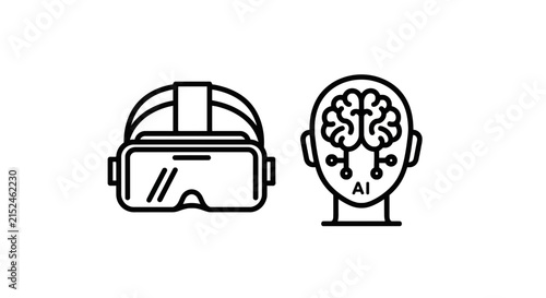 Virtual reality headset and AI brain concept icons with artificial intelligence technology innovation learning computer thinking interface