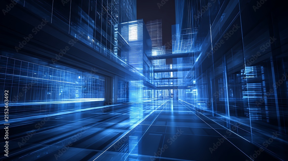 Fototapeta premium Futuristic cityscape at night with glowing skyscrapers and illuminated streets building
