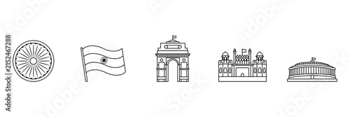 Bild auf Leinwand Indian independence day national monuments line art icon set featuring flag and landmarks vector illustration