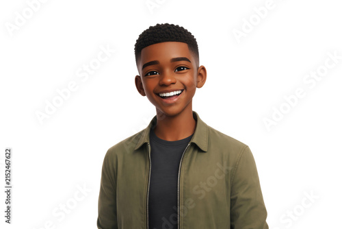 Happy smiling cartoon character young adult African man person portrait in 3d style design wearing green shirt on white background. Human people feelings expression concept